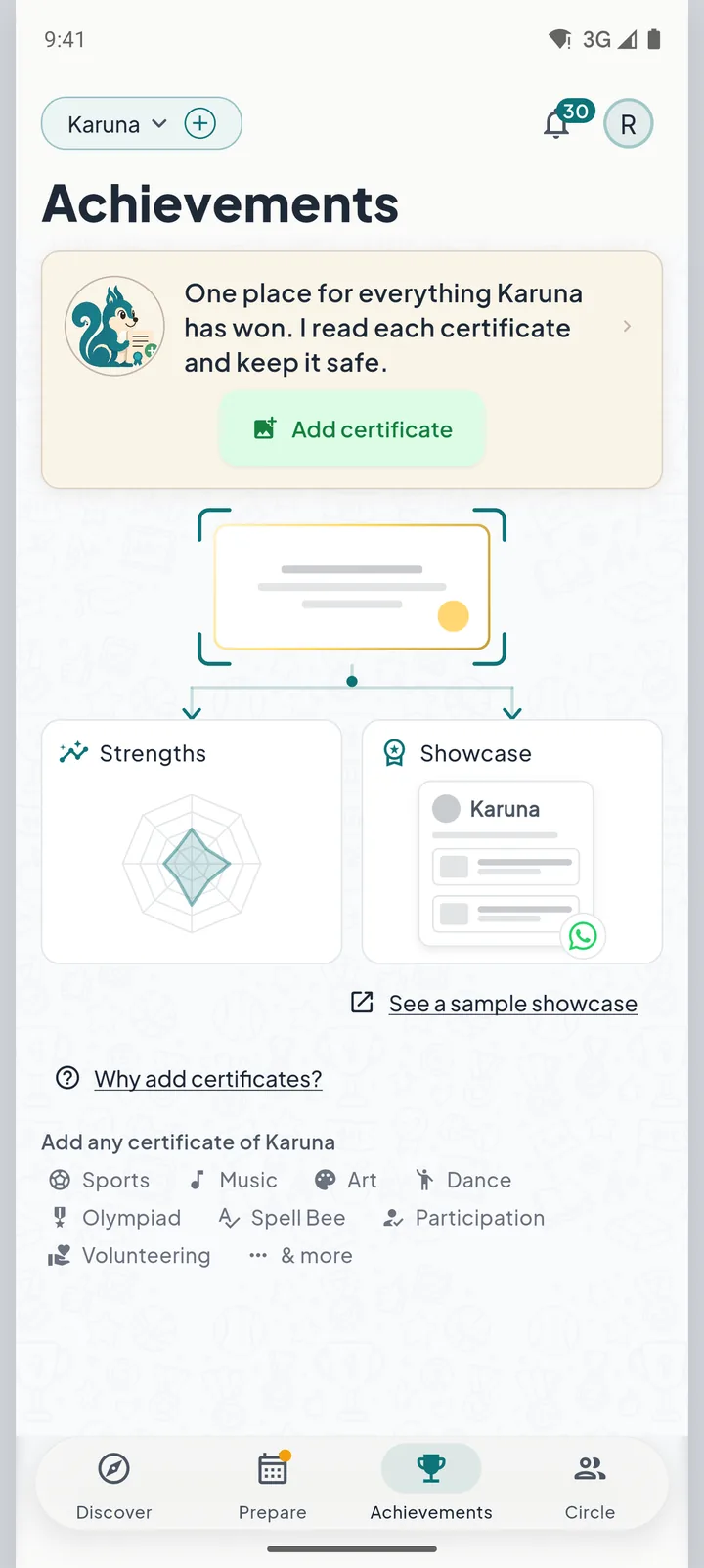 The Achievements tab of the WiWit app, where a child's certificates are added and kept.