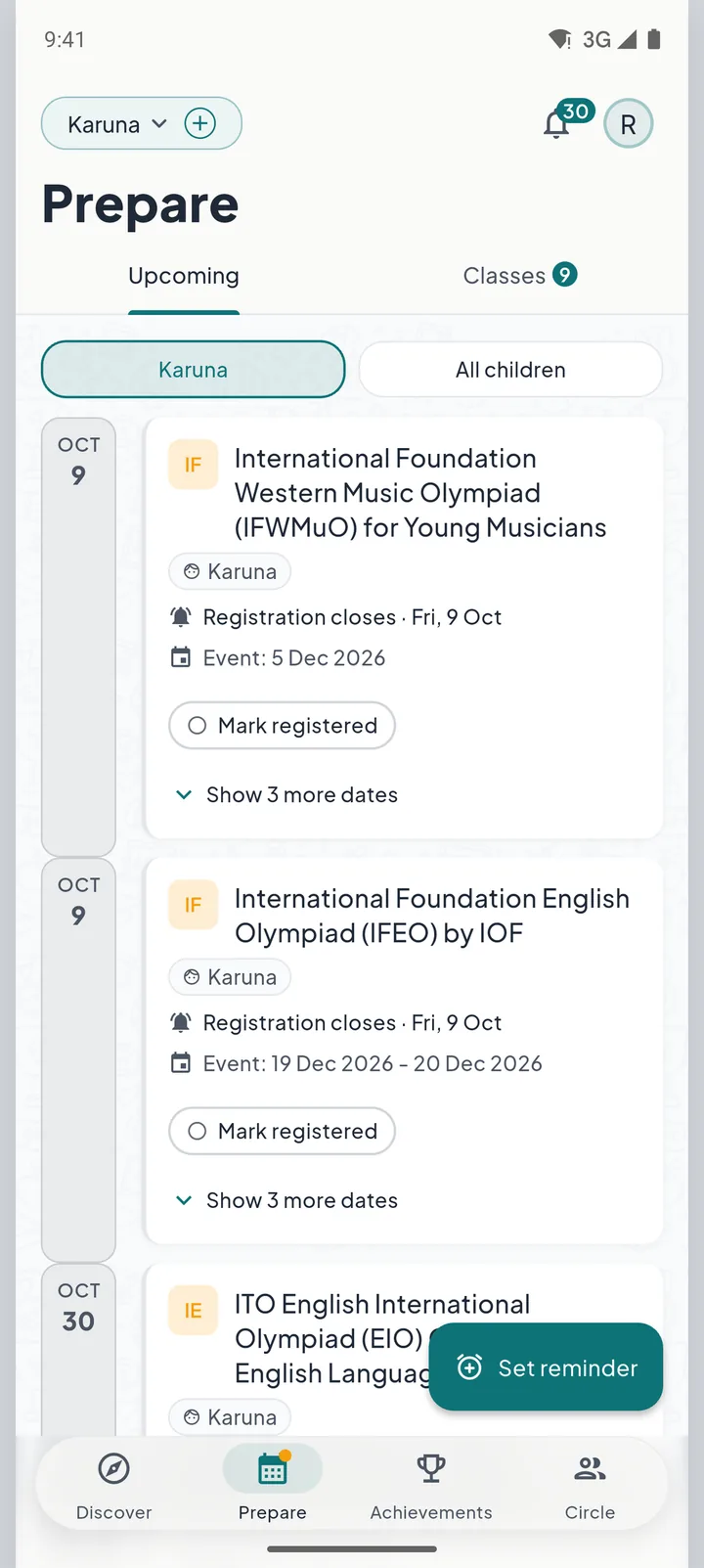 The Prepare tab of the WiWit app, listing saved opportunities with the date registration closes.